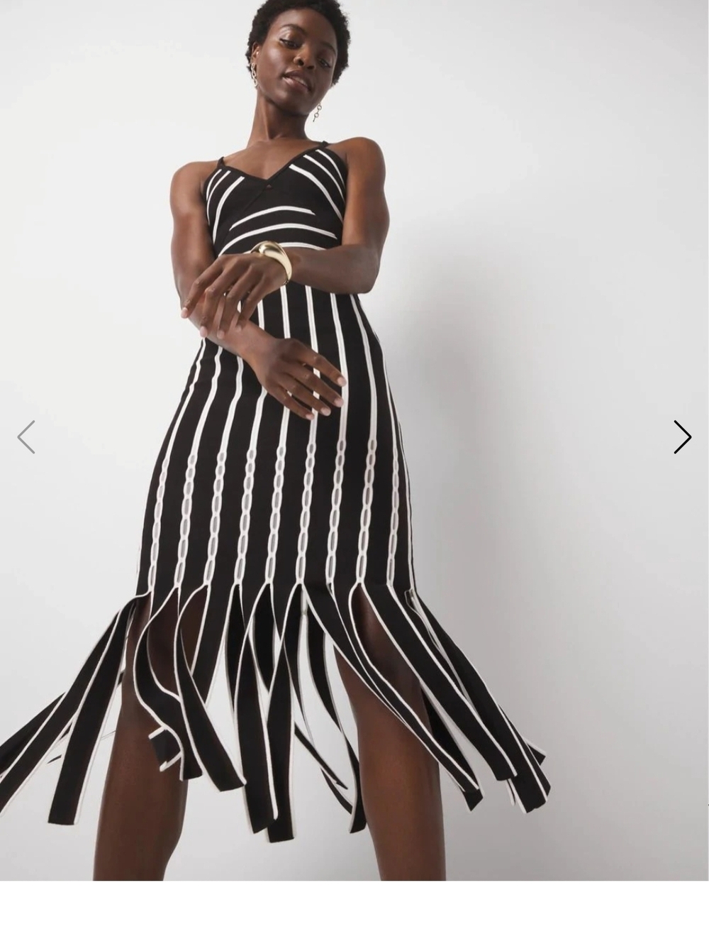 White House Black Market Black and White Striped Fringe Midi Dress